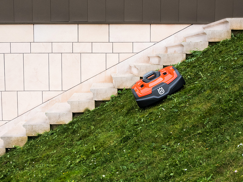 Robot tondeuse dans l'herbe